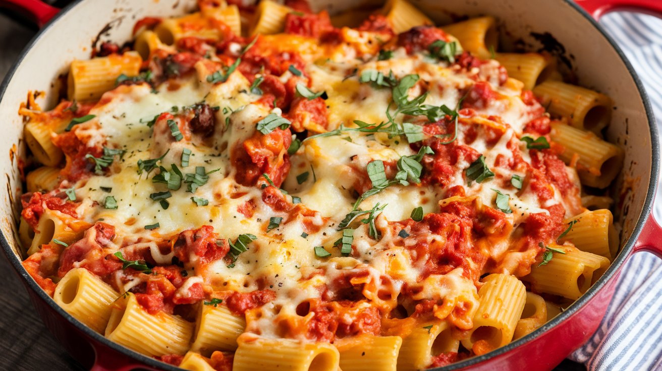 Close-up of a Cheesy Rigatoni Pasta Bake in a red pot. Rigatoni is topped with melted cheese, tomato sauce, and garnished with fresh basil leaves. The dish is set on a striped cloth.