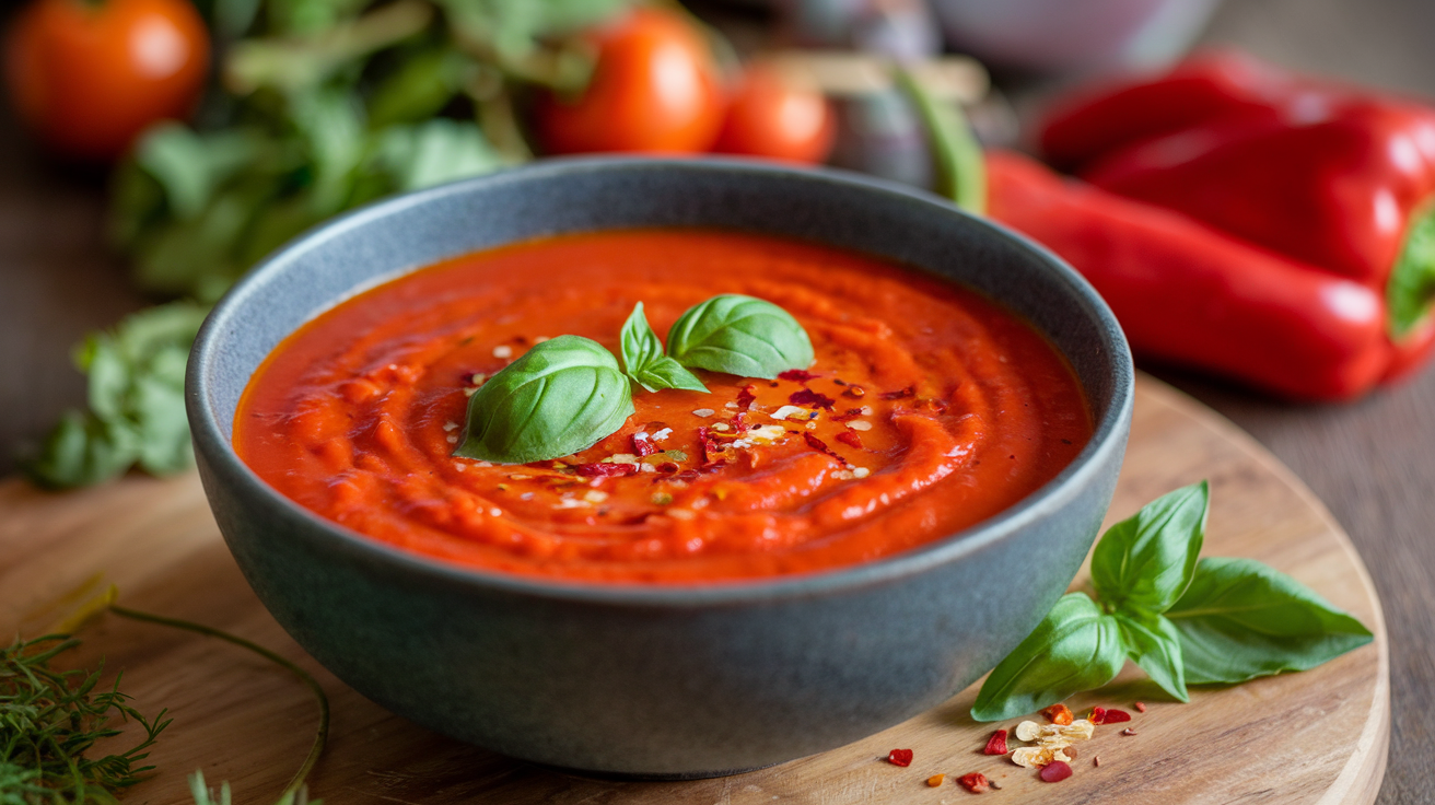 A bowl of creamy tomato and red pepper soup garnished with fresh basil leaves and red pepper flakes. Surrounding the bowl are whole tomatoes, fresh basil, and a red bell pepper, set on a wooden surface.