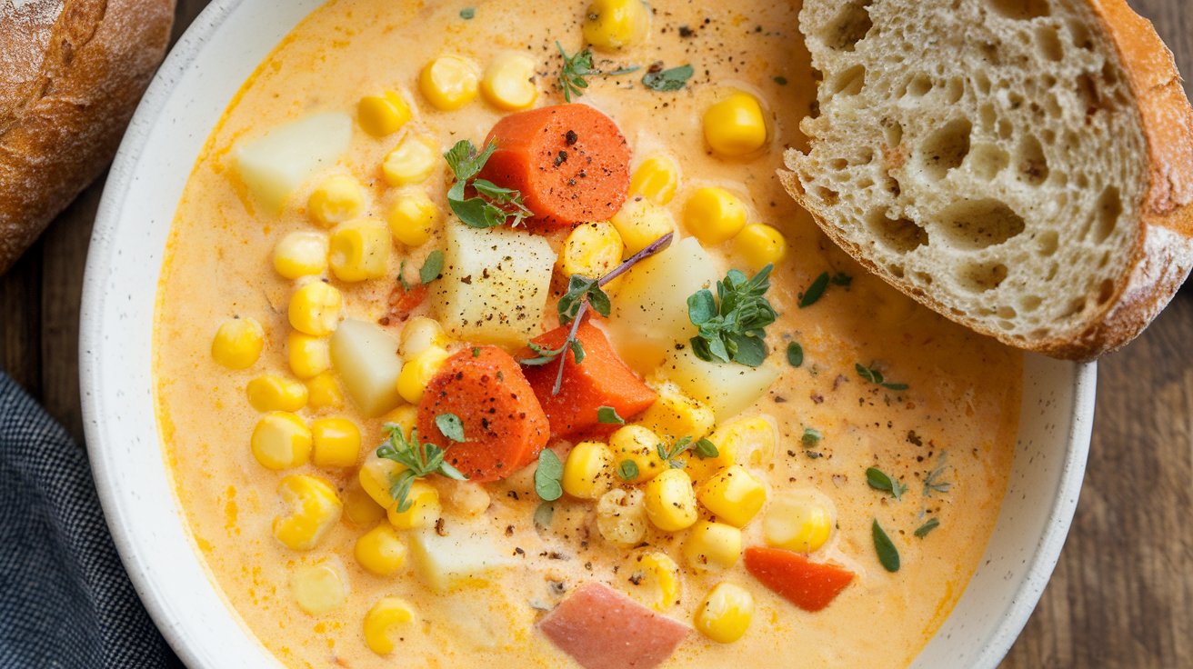 A creamy vegan corn chowder in a white bowl, garnished with pepper and herbs. It contains visible pieces of carrot, potato, and corn. A slice of rustic bread is placed on the rim of the bowl.