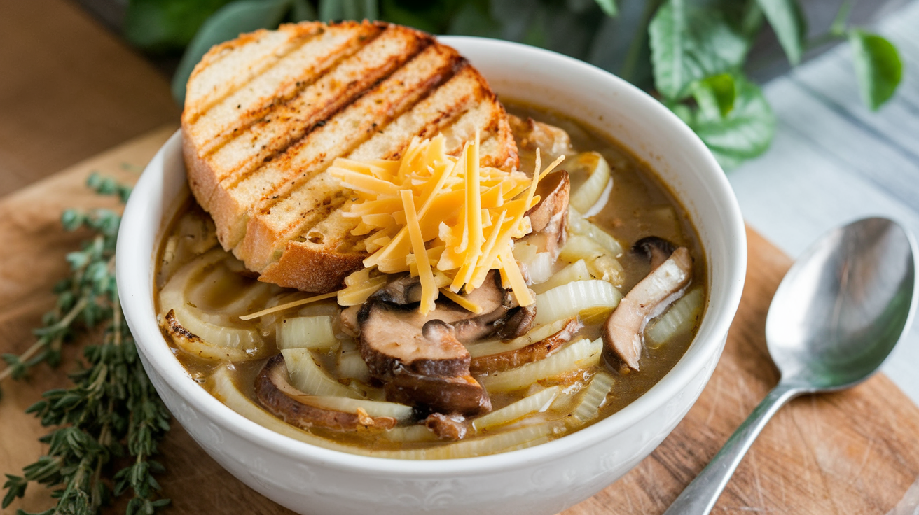 A comforting bowl of French Onion Soup with mushrooms and onions, topped with shredded cheese and a slice of grilled bread. A spoon rests beside the bowl on a rustic wooden surface, surrounded by fresh green herbs in the backdrop.