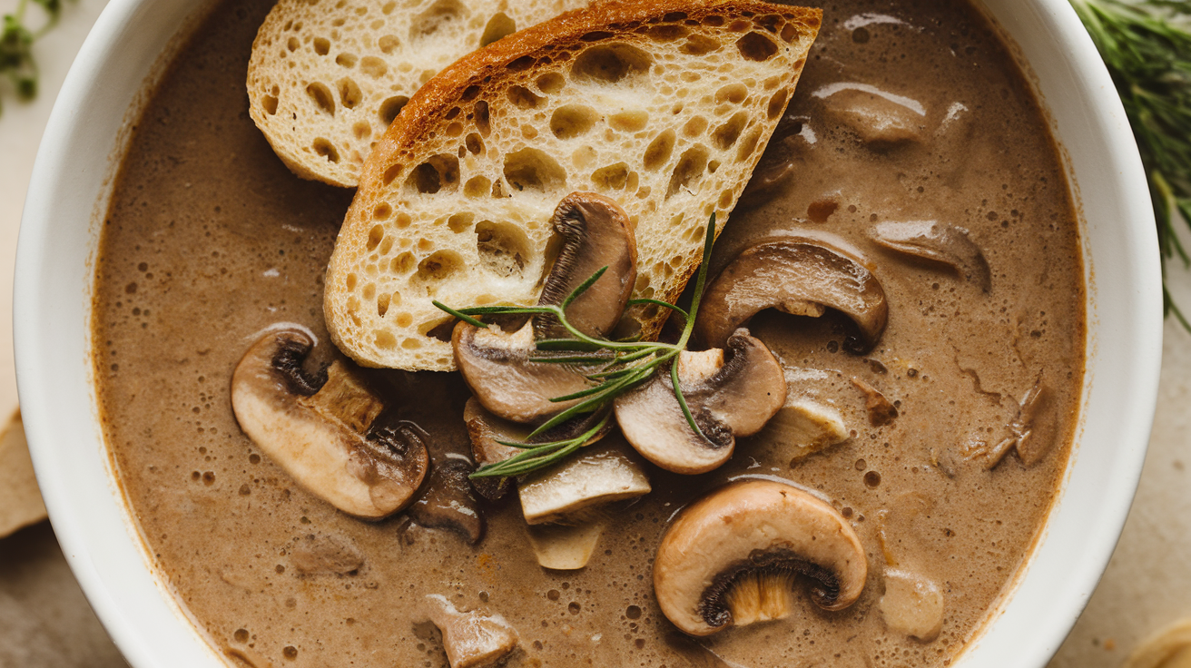 A bowl of vegan mushroom soup swirls with creaminess, crowned by sliced mushrooms and a sprig of rosemary. Two slices of toasted bread rest on top, half-dipped into the soup, all sitting elegantly on a light-colored surface.
