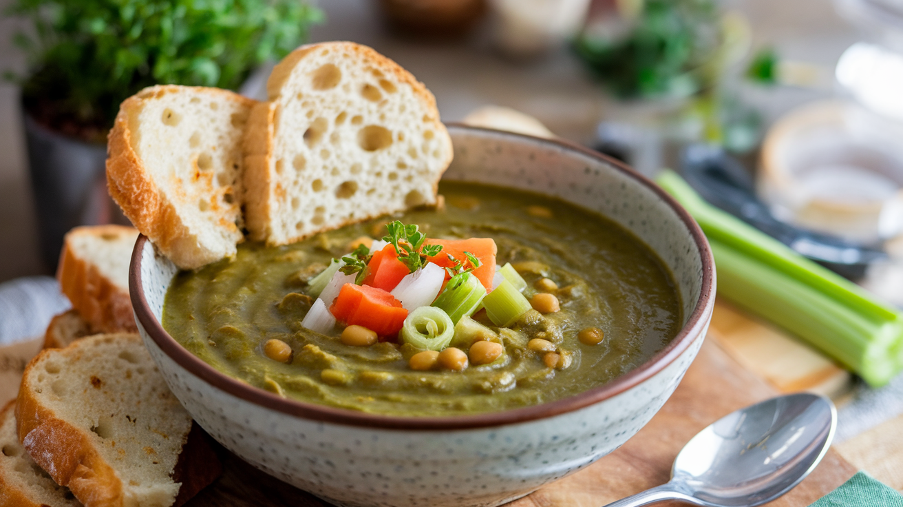 A bowl of green lentil and vegan split pea soup garnished with chopped carrots, celery, and parsley. Two slices of crusty bread rest on the rim of the bowl. The background features herbs and vegetables, slightly out of focus.