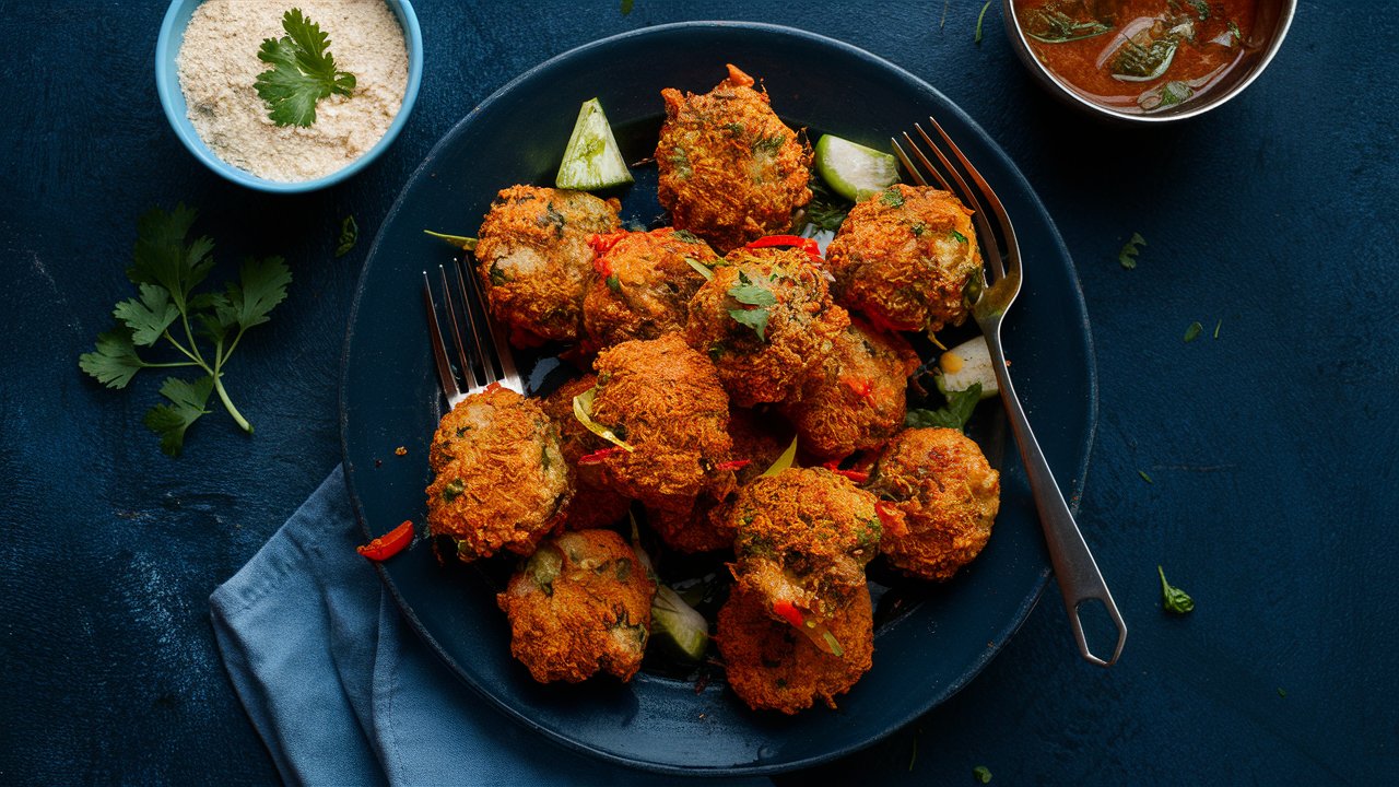 A plate of vegetable pakoras garnished with cilantro and red chili slices. Accompanied by cucumber pieces, a small bowl of chutney, and a bowl of raita. A fork rests on the plate, all set against a dark blue background.