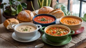 Rustic wood table displaying several Vegetarian Soup Recipes