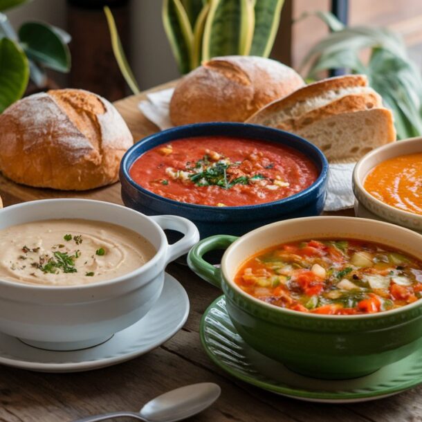 Rustic wood table displaying several Vegetarian Soup Recipes