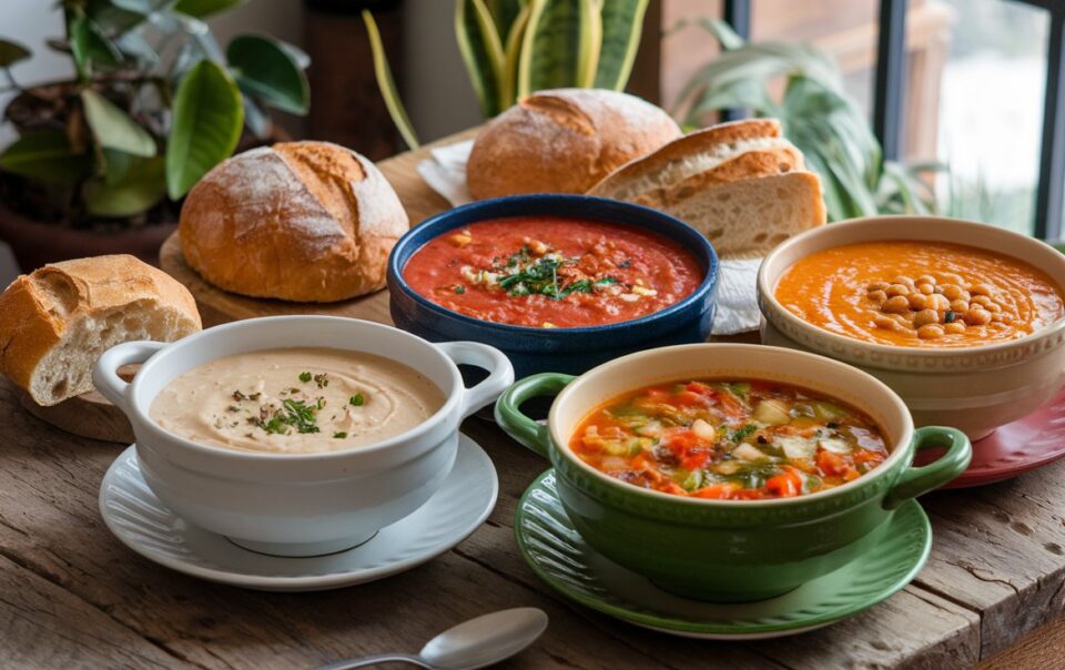 Rustic wood table displaying several Vegetarian Soup Recipes