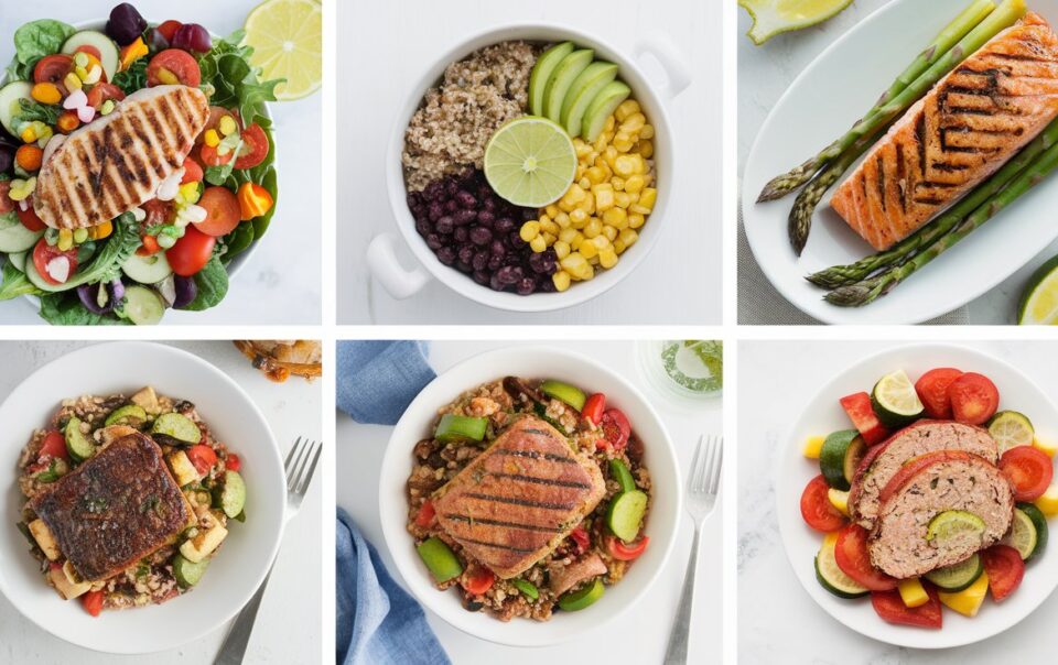 Collage of healthy lunch and dinner recipes for weight loss.