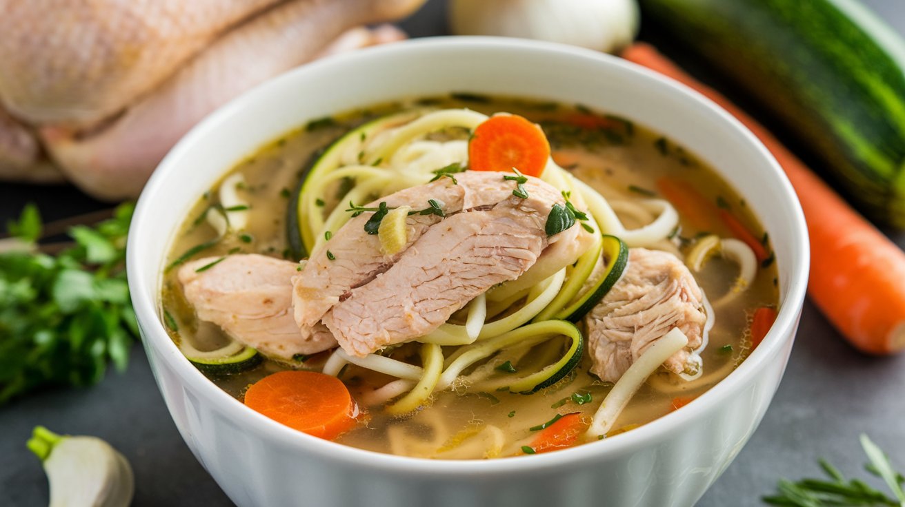 A bowl of Chicken Zoodle Soup brims with vibrant zucchini noodles, carrot slices, and tender chicken chunks. Fresh herbs are artfully sprinkled atop the soup, set against a blurred backdrop of vegetables and raw chicken on a dark surface.