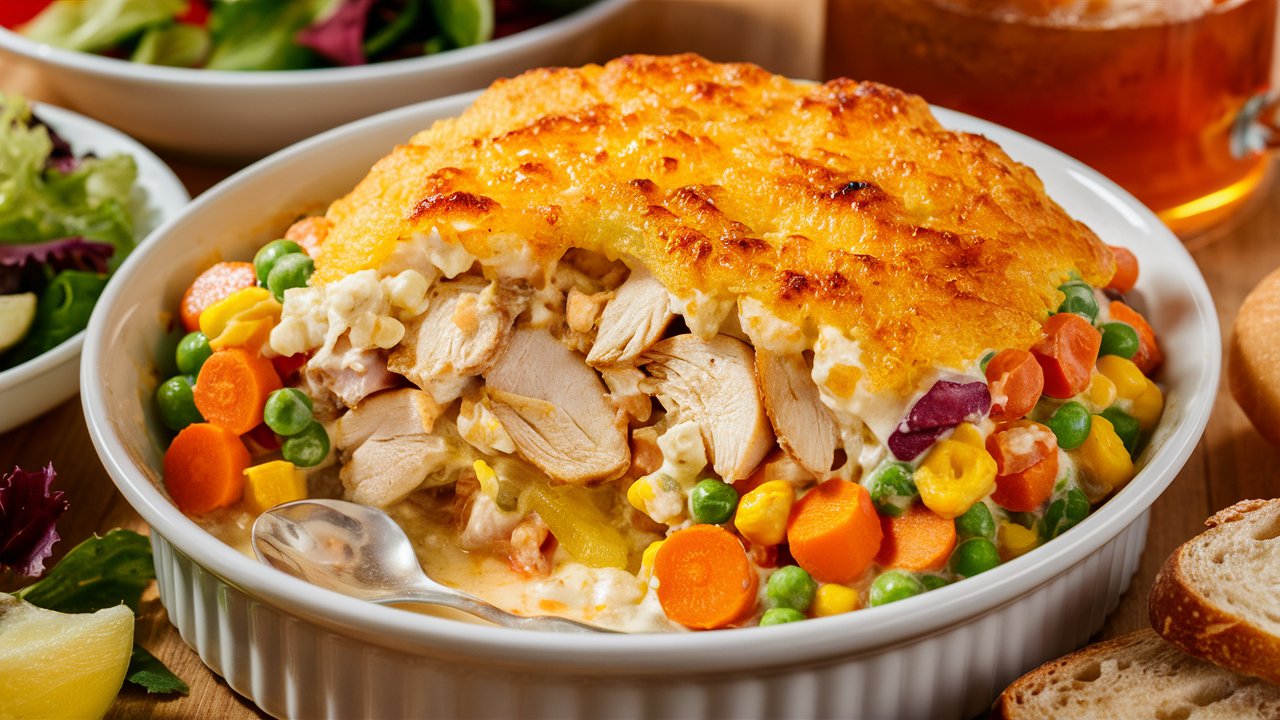 A pot pie with a golden, crispy crust in a white baking dish, filled with chicken, peas, carrots, corn, and onions. Reminiscent of a creamy cottage cheese and chicken casserole, a spoon rests inside revealing the hearty filling. A salad and drink are blurred in the background.