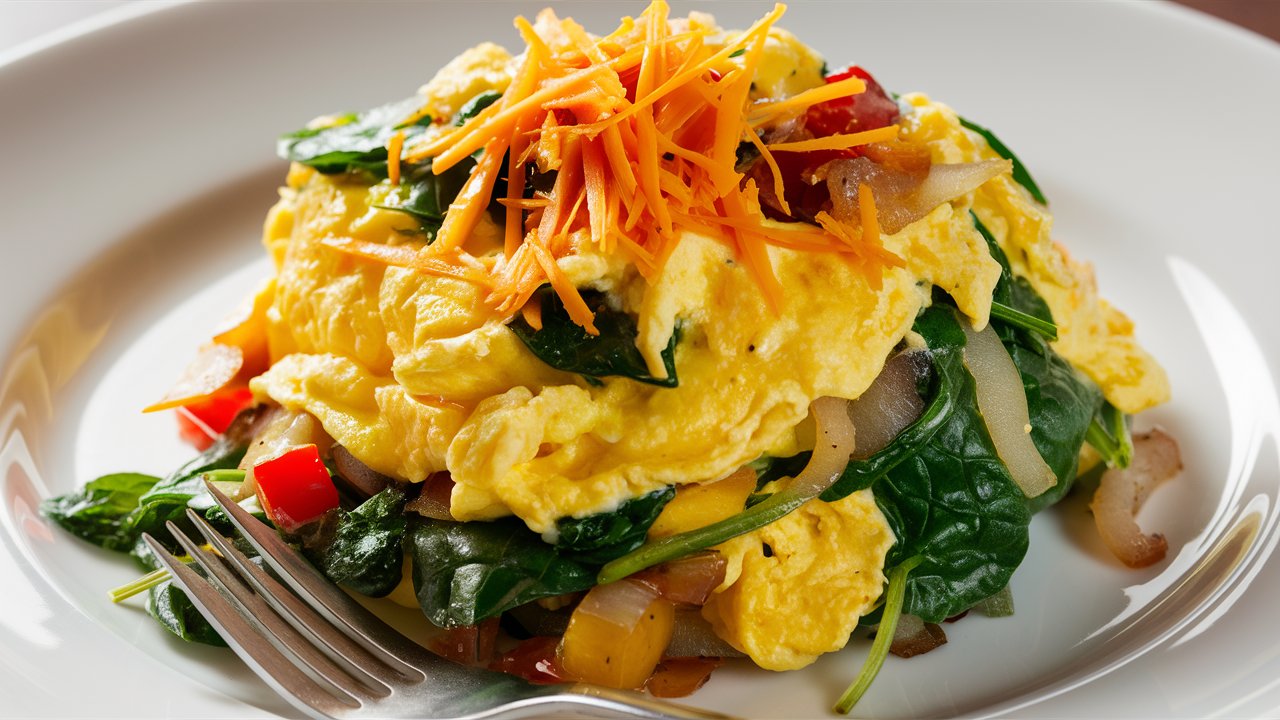 Enjoy an Egg and Veggie Scramble: a plate of fluffy scrambled eggs mingled with grated carrots, sautéed spinach, red bell peppers, and onions. A fork rests at the side, ready for you to dive in.