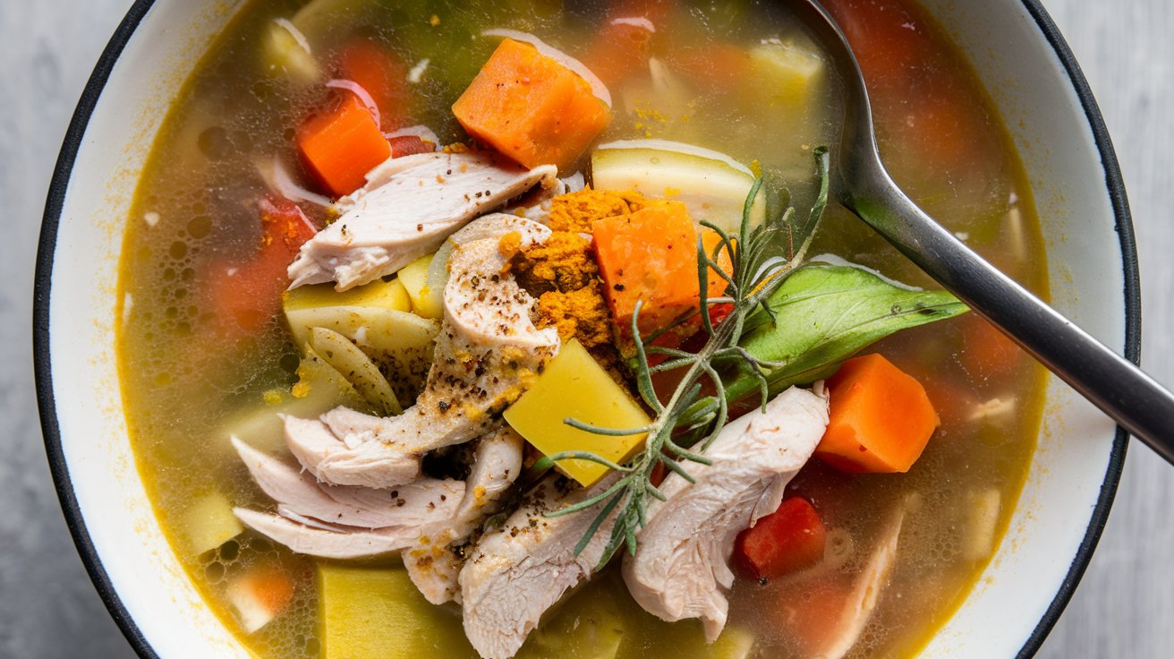 A close-up of a bowl of chicken soup featuring sliced chicken, carrots, potatoes, and pasta in a clear broth infused with hints of turmeric. Topped with a sprig of rosemary and a bay leaf, the soup is accented with a sprinkle of spices. A spoon rests in the bowl.