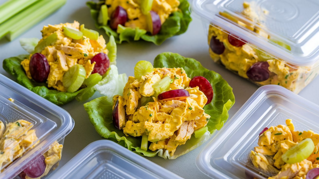 Curry chicken salad made with grapes and celery is served on lettuce leaves, surrounded by clear plastic containers filled with more high-protein salad. Celery sticks are visible in the background.