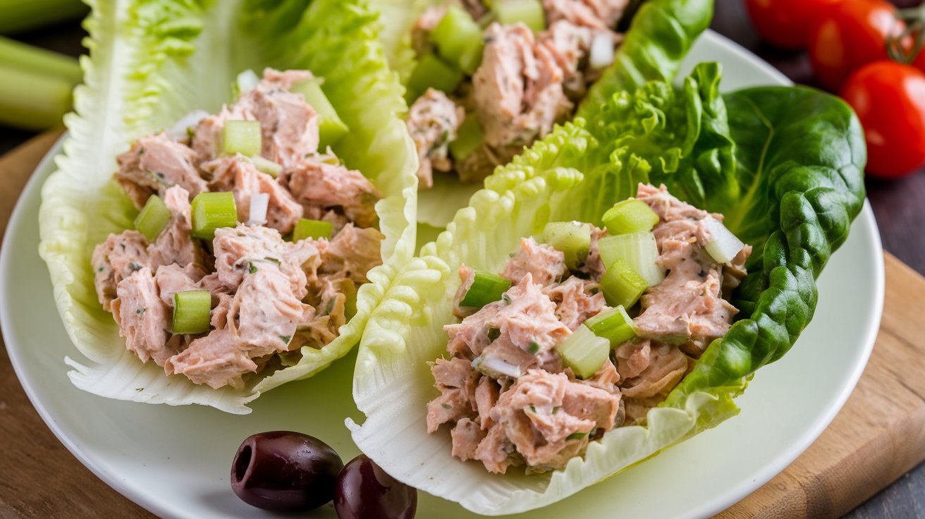 Three lettuce wraps on a white plate filled with a creamy chicken salad mixture, reminiscent of tuna salad lettuce cups, garnished with chopped celery and onions. The plate rests on a wooden board, accompanied by two black olives and cherry tomatoes in the background.