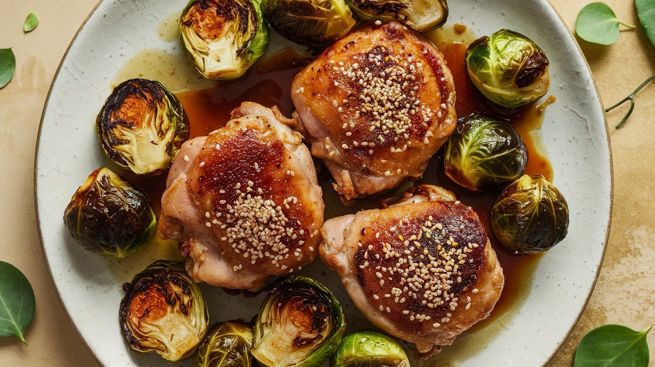 A light ceramic plate showcases glazed chicken thighs and Brussels sprouts, with the thighs sprinkled with sesame seeds. Roasted Brussels sprouts encircle the dish, complemented by a sprinkling of green leaves for decoration.