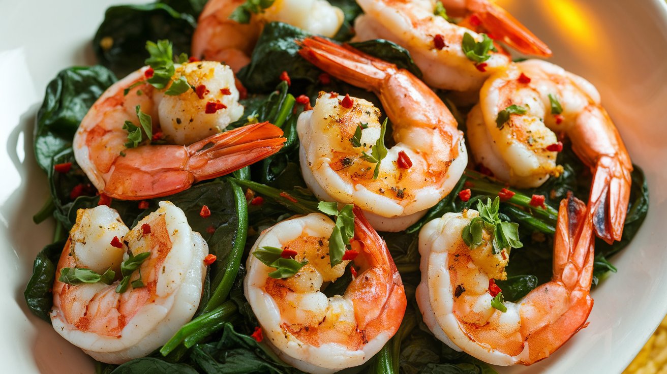 A plate of shrimp with spinach is garnished with chopped herbs and red pepper flakes, served on a bed of sautéed greens. This dish is vibrant with orange-pink shrimp and deep green spinach, creating a visually appealing meal.