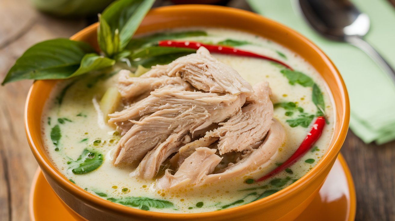 A bowl of creamy Thai Coconut Chicken Soup garnished with fresh green basil leaves and whole red chili peppers. The soup, rich with shredded chicken pieces, is served in an orange bowl on a wooden table with a spoon nearby.