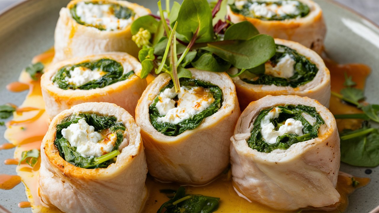 Cottage Cheese and Spinach Stuffed Chicken Roll-Ups are artfully arranged in a circle on a plate. Each rolled chicken breast is garnished with fresh greens and drizzled with a light sauce, creating an elegant and delicious presentation.