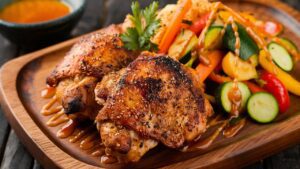 Asian Sesame Grilled Chicken Thighs are topped with herbs and drizzled with sauce, served on a wooden plate alongside a colorful mix of sautéed veggies like zucchini, bell peppers, and carrots. A small bowl of sauce is visibly inviting in the background.