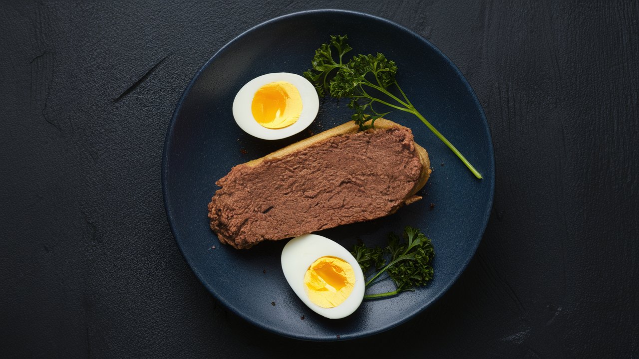 A dark plate holds a slice of bread spread with rich beef liver pâté, accompanied by two halves of a soft-boiled egg and garnished with fresh parsley. The background is a textured, dark surface.