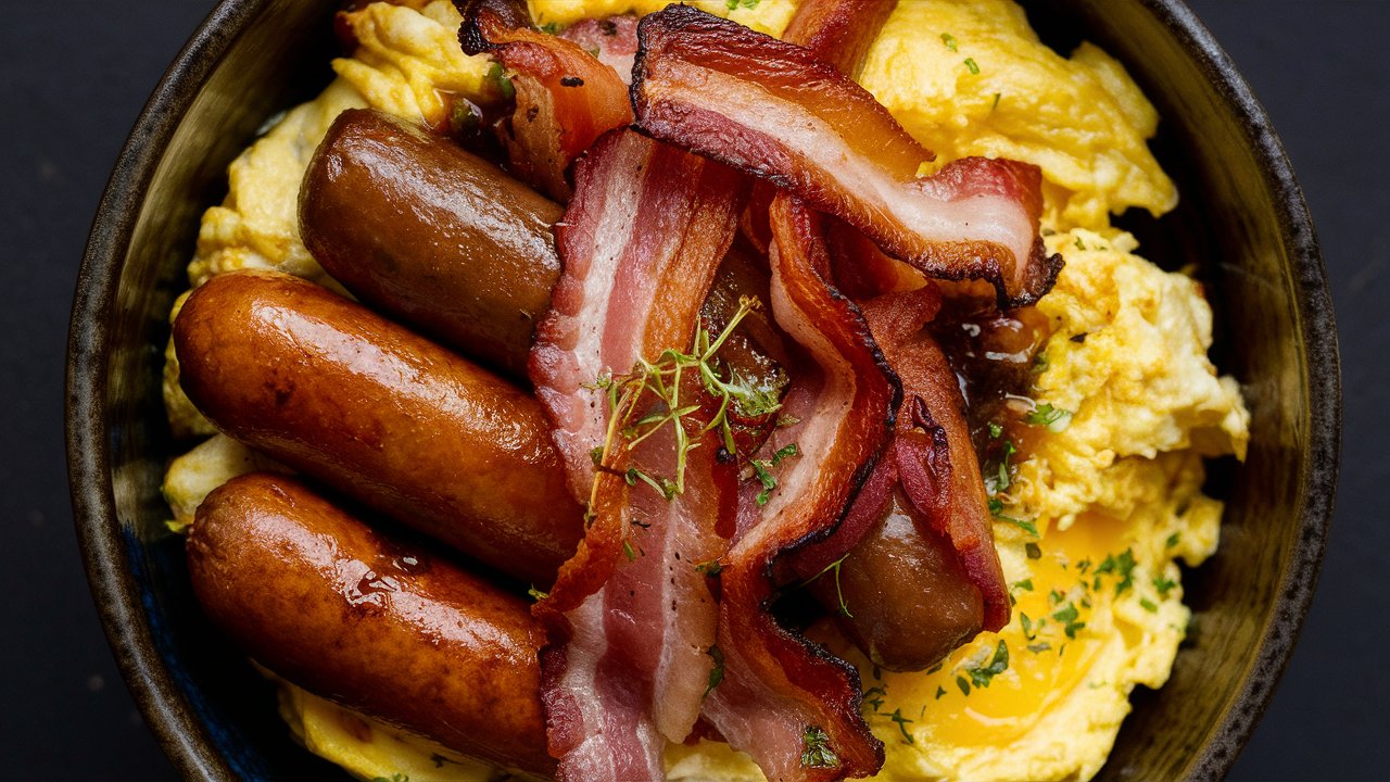 A breakfast bowl brimming with scrambled eggs, crispy bacon strips, and three browned sausages. The dish is garnished with a sprinkle of herbs, adding a fresh, flavorful touch to this hearty morning delight.