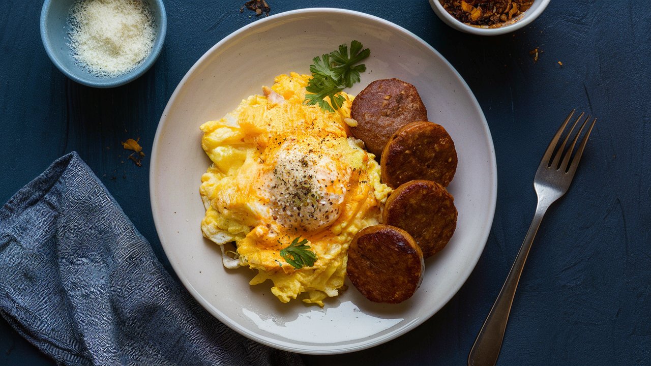 A plate of cheesy scrambled eggs topped with herbs, accompanied by three round sausage slices. A small dish of grated cheese and a fork are on the side. The setup is on a dark blue surface with a cloth napkin nearby.