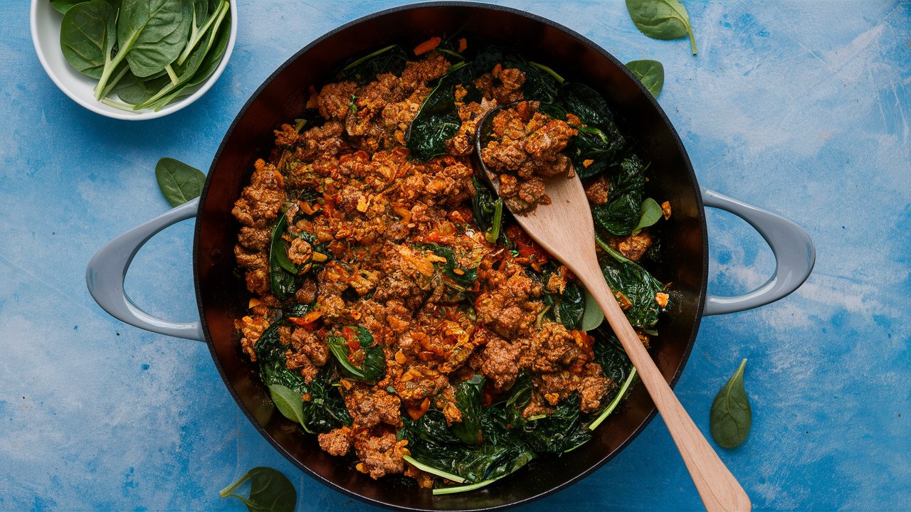 A Ground Turkey and Spinach Skillet sits on a blue surface, filled with cooked meat, fresh spinach leaves, and diced vegetables. A wooden spoon rests enticingly in the pan. Nearby, a small bowl spills vibrant spinach leaves onto the countertop.