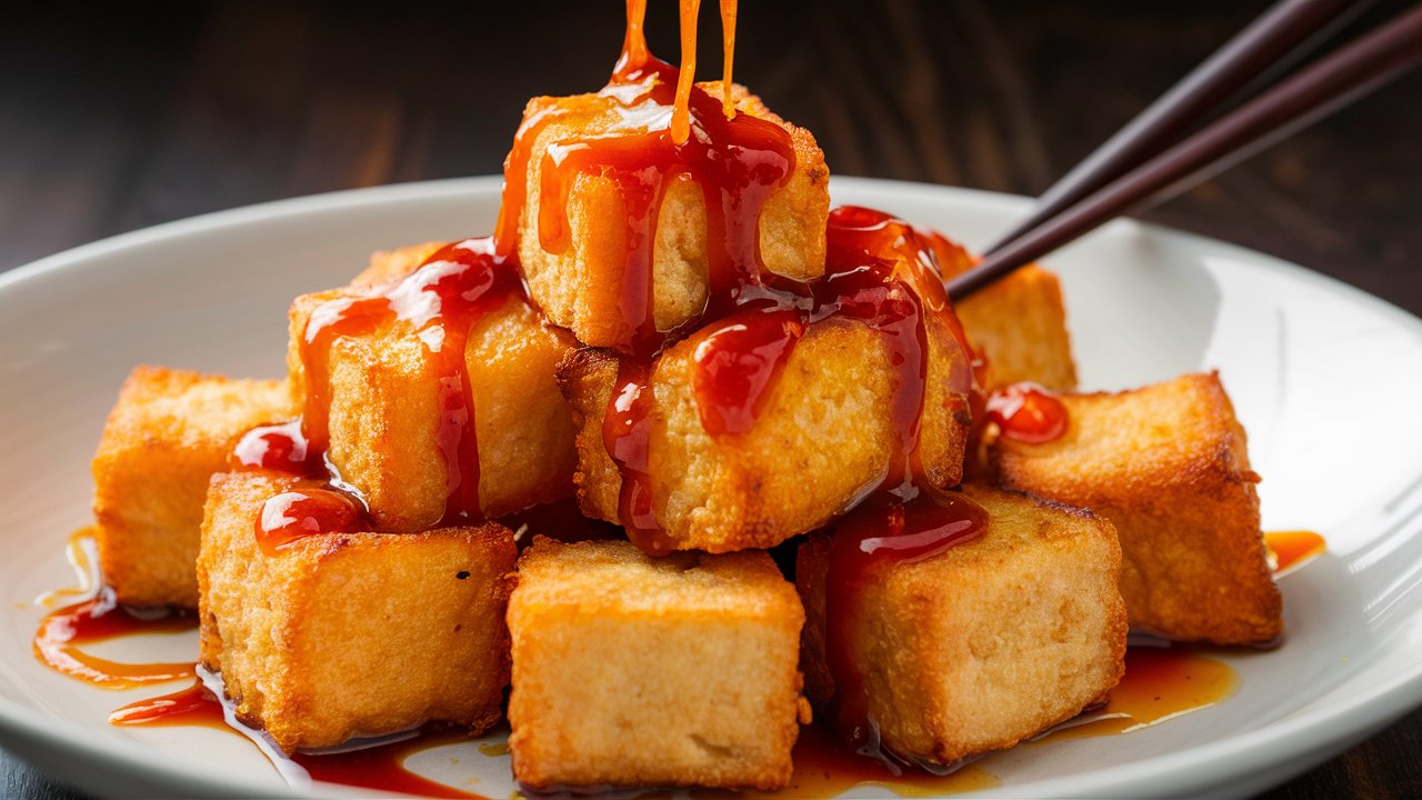 Close-up of a white plate with a stack of Crispy Tofu Bites, glistening in a rich, glossy red sauce. A pair of chopsticks lifts one piece, showcasing its savory texture. The wooden table beneath adds a warm, rustic feel to this delectable scene.