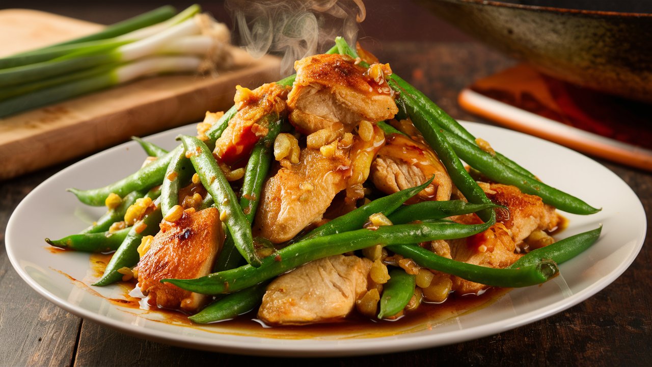 A steaming plate of garlic ginger chicken and green beans, garnished with chopped nuts and glazed in a savory sauce, is showcased on a white plate. In the background, green onions rest on a cutting board.