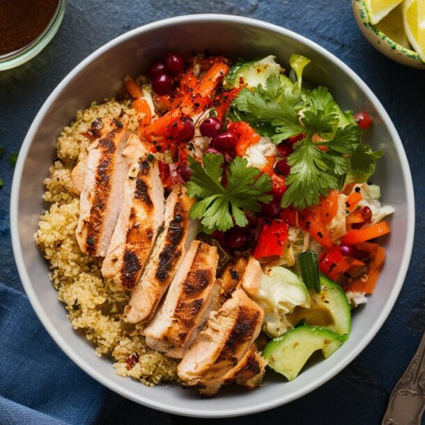 Grilled chicken paired with quinoa and fresh veggies in a large white dinner bowl.