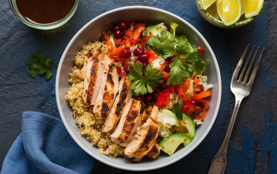 Grilled chicken paired with quinoa and fresh veggies in a large white dinner bowl.