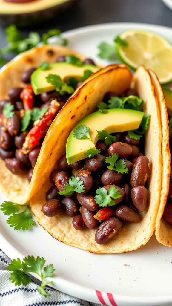 Three tacos filled with black beans, avocado slices, and cilantro, served on a plate with lime.