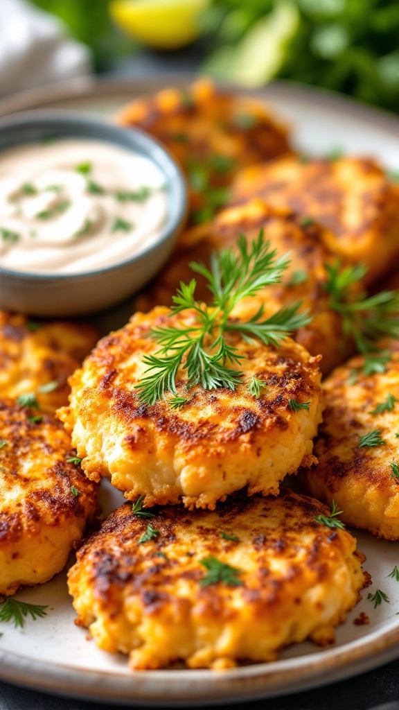 A platter of crispy air-fried salmon patties with a dipping sauce