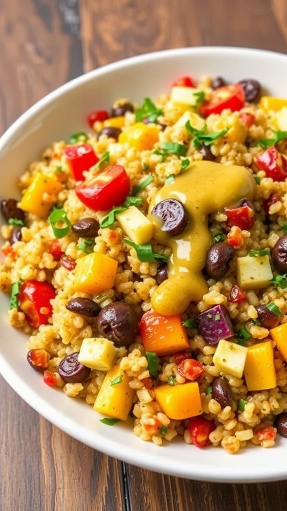 A vibrant bowl of quinoa salad with colorful vegetables and a drizzle of dressing.