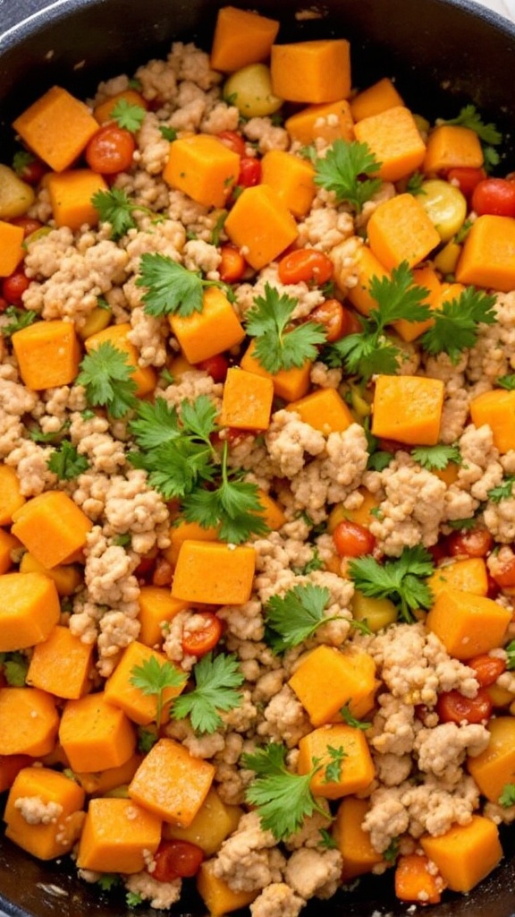 A colorful skillet with chunks of sweet potato, turkey, cherry tomatoes, and fresh cilantro.