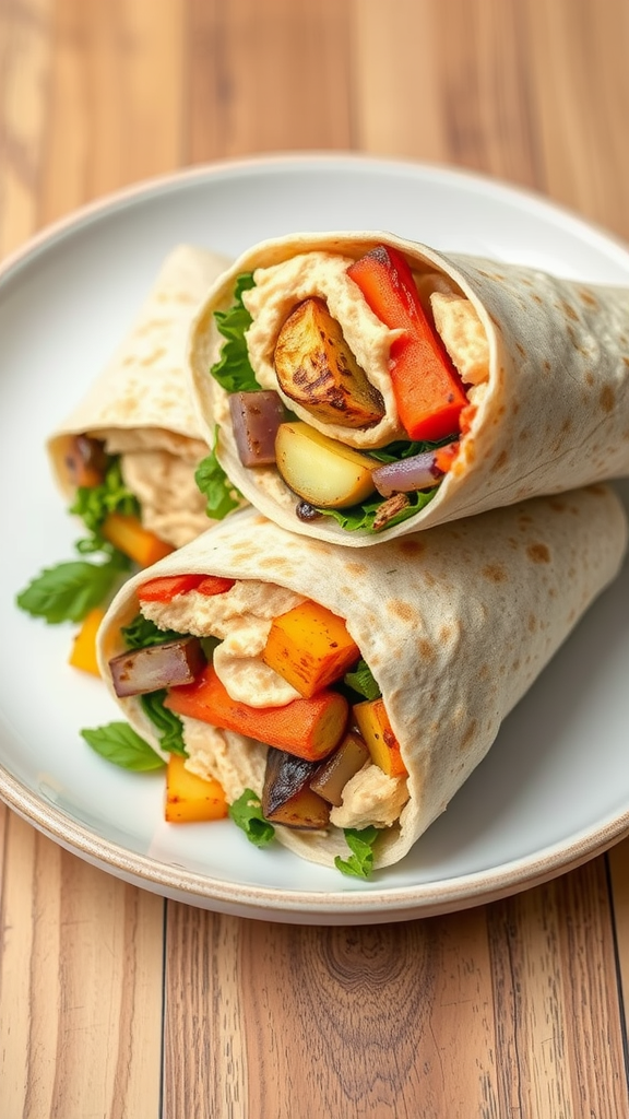 A delicious roasted vegetable and hummus wrap on a plate.