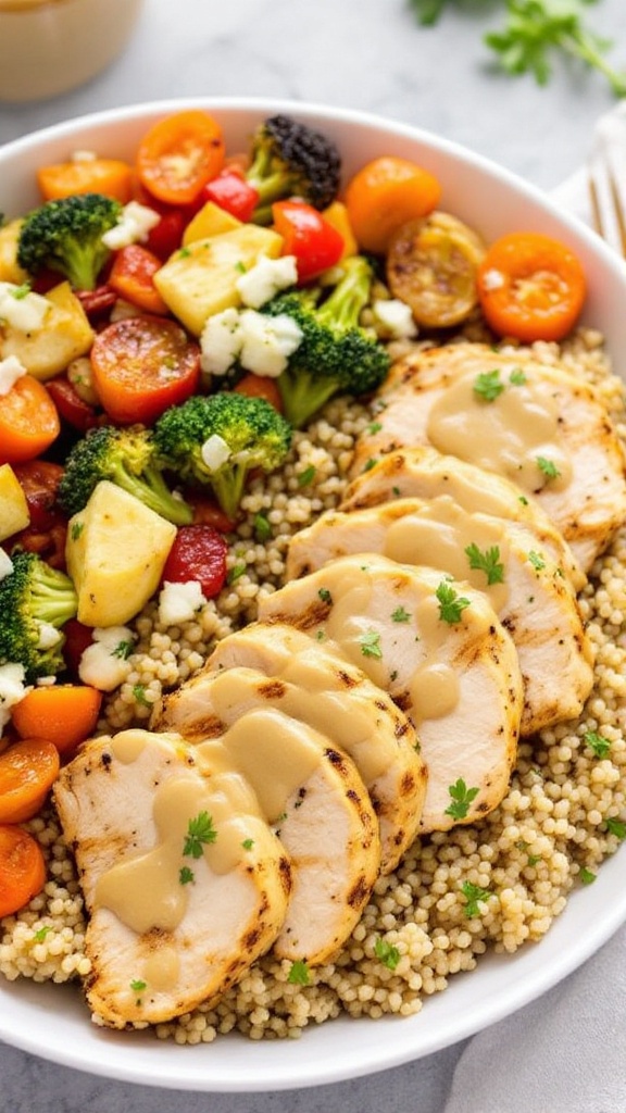 A delicious grilled chicken and quinoa bowl with vegetables.