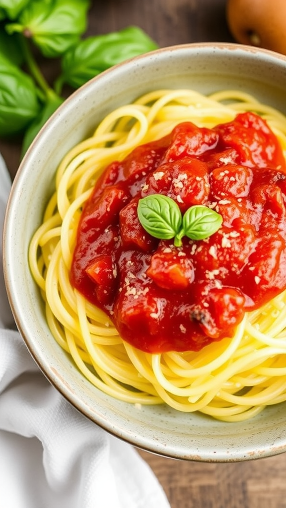 A bowl of spaghetti squash topped with marinara sauce and fresh basil.