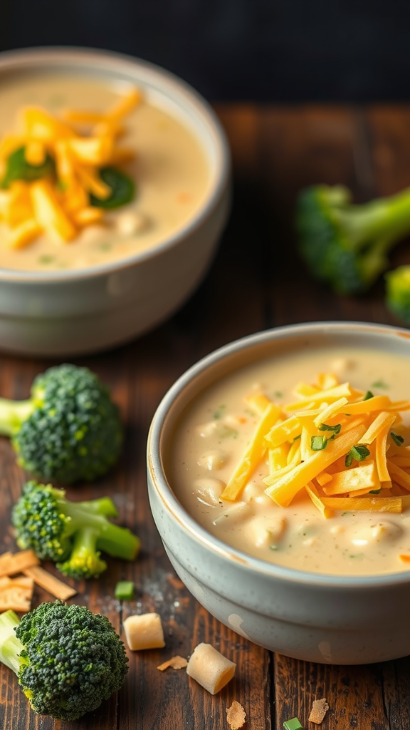 A bowl of low-fat vegetarian broccoli cheddar soup topped with cheese and garnished with broccoli.