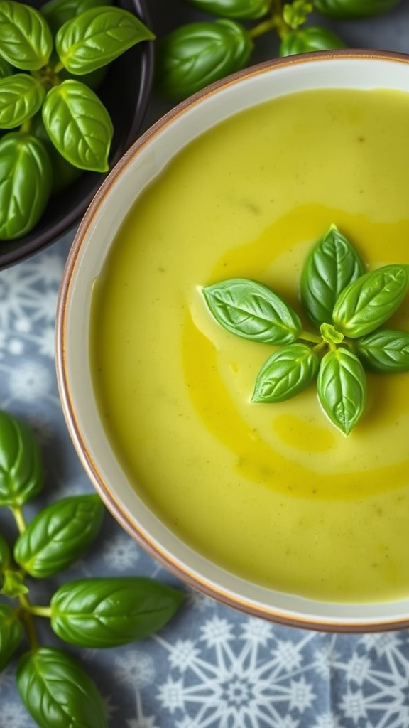 A bowl of creamy zucchini and basil soup garnished with fresh basil leaves.