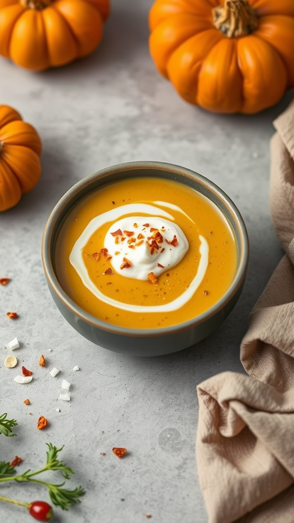 Bowl of creamy pumpkin coconut curry soup topped with sour cream and spices, with pumpkins in the background.