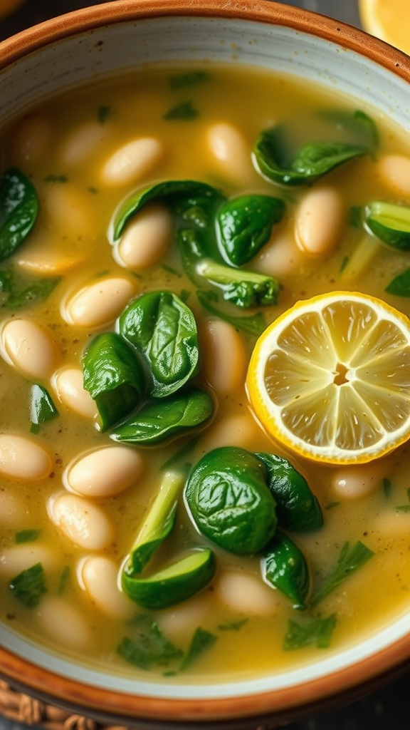 A bowl of spinach and white bean soup garnished with lemon and fresh basil leaves.