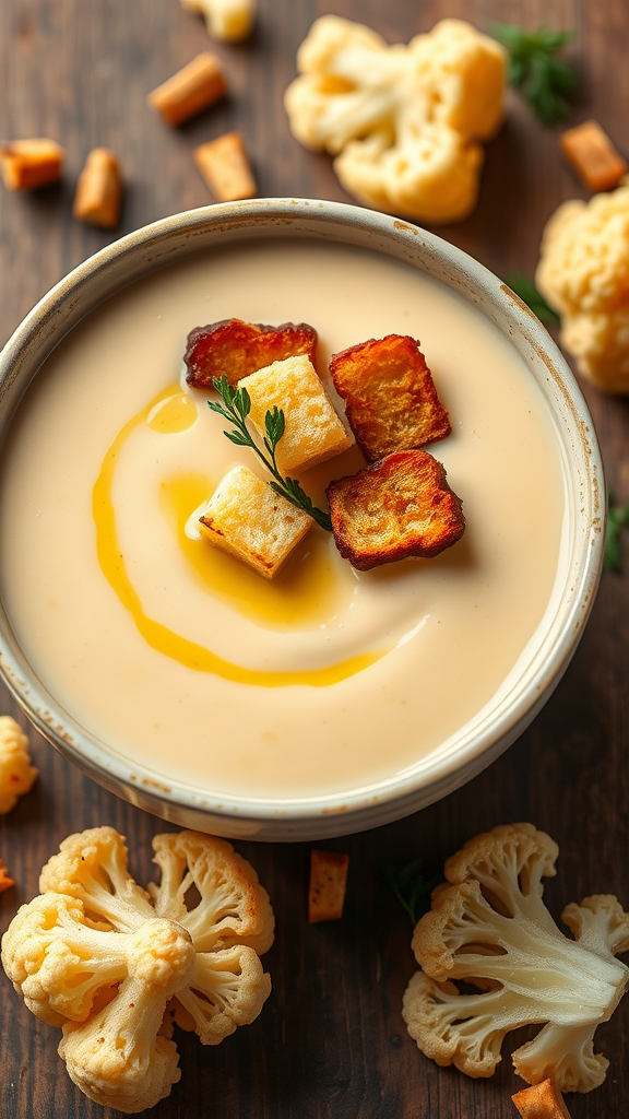 A bowl of creamy cauliflower soup with a swirl of yellow garnish and a piece of bread.