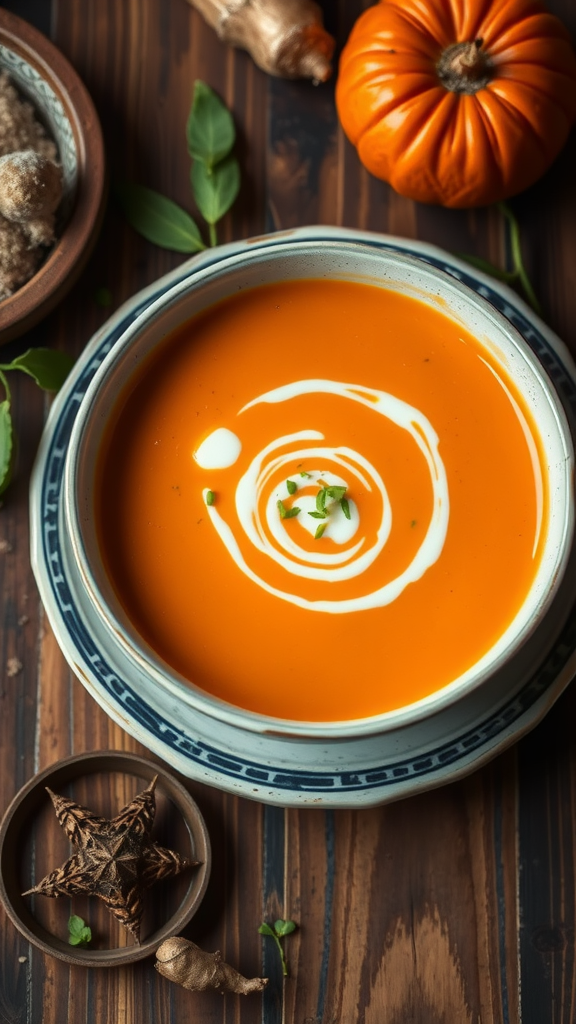 A vibrant bowl of carrot ginger soup garnished with cream and herbs, surrounded by spices and a pumpkin.