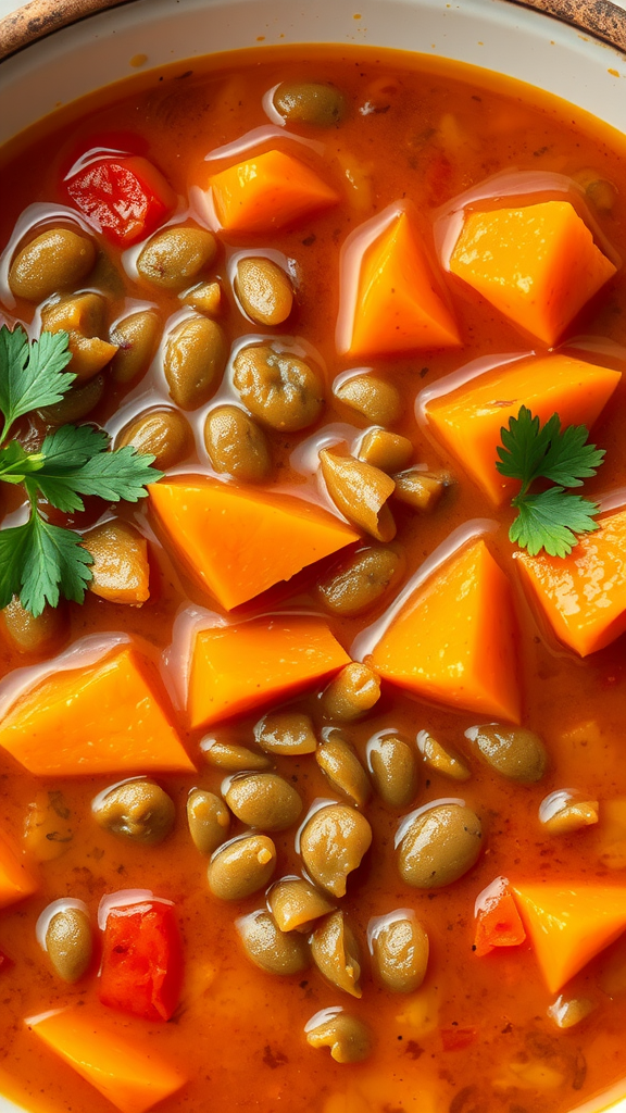 A bowl of lentil and sweet potato soup with vibrant colors and fresh herbs.