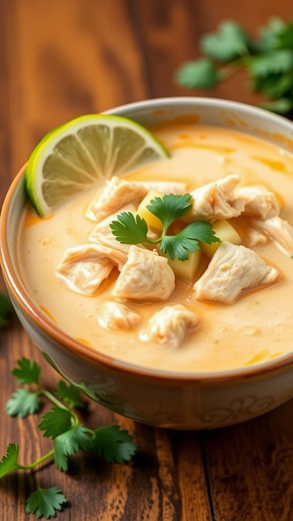 A bowl of Thai coconut chicken soup garnished with lime and cilantro.