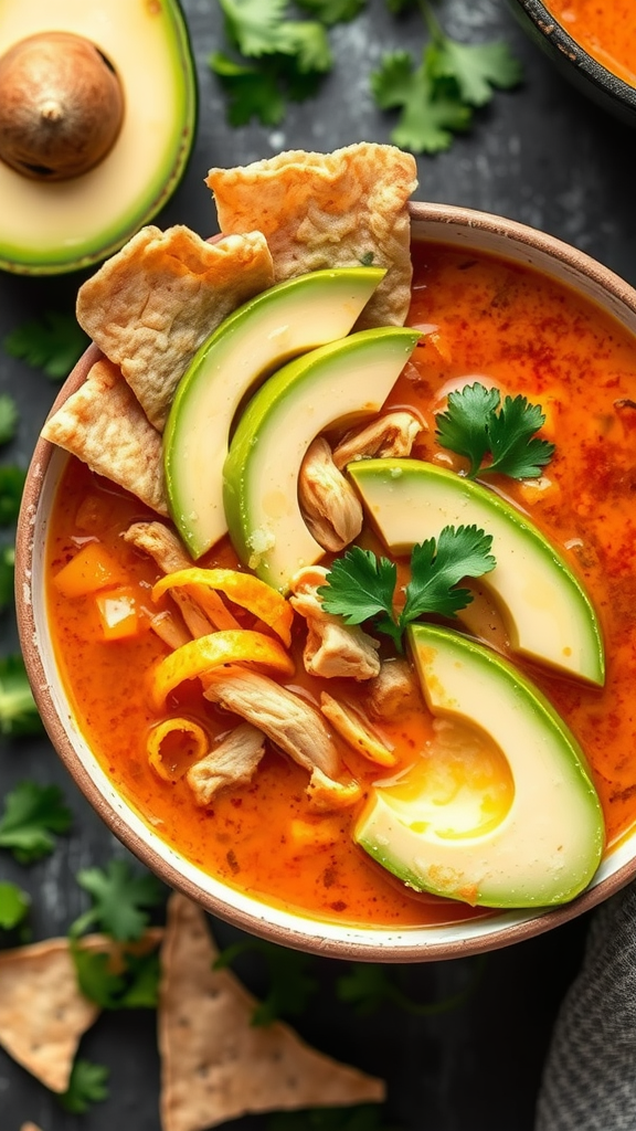 A bowl of spicy chicken tortilla soup garnished with avocado slices and tortilla chips