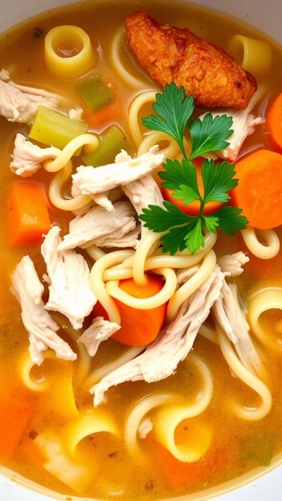 A bowl of healthy chicken noodle soup with chicken, carrots, celery, and noodles.