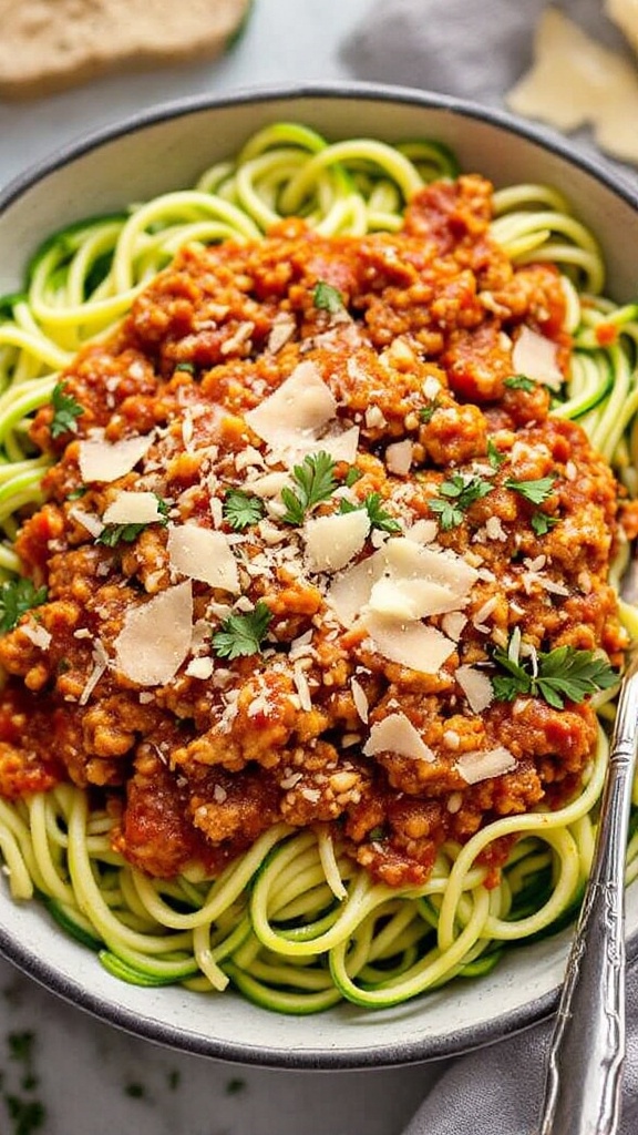 A bowl of zucchini noodles topped with ground chicken Bolognese, garnished with herbs and cheese.