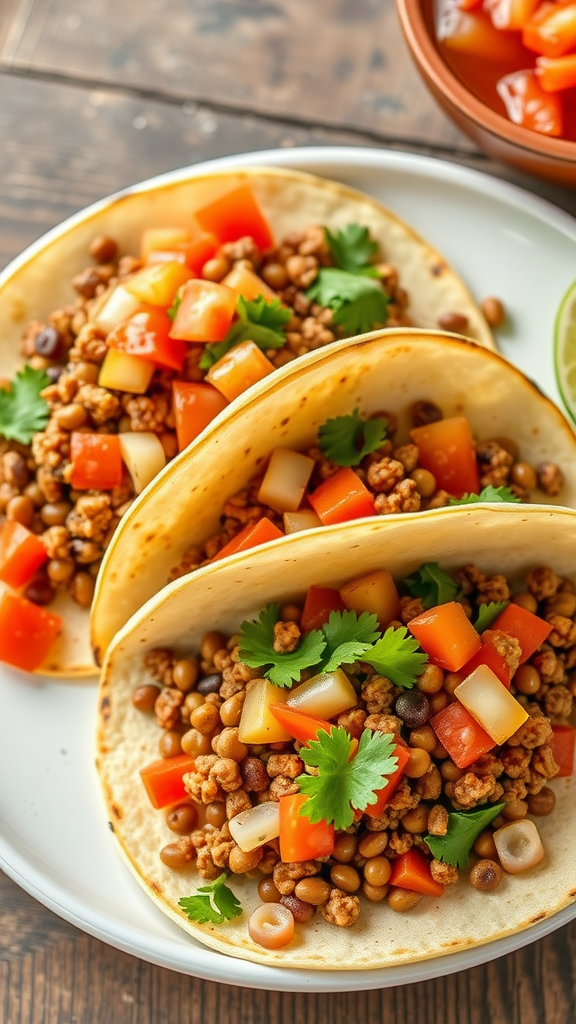 Three vegan lentil tacos topped with diced tomatoes and cilantro on a plate with a side of salsa.