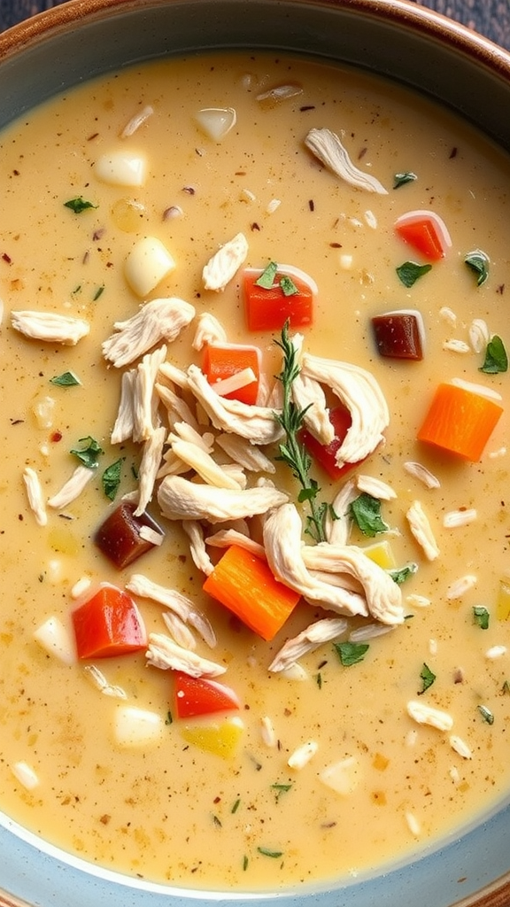 A bowl of creamy chicken and wild rice soup garnished with vegetables and herbs.